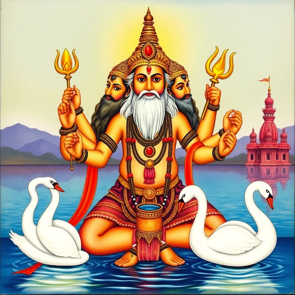 Lord Brahma (Creator deity) with Goddess Gayatri – Deity Portrait